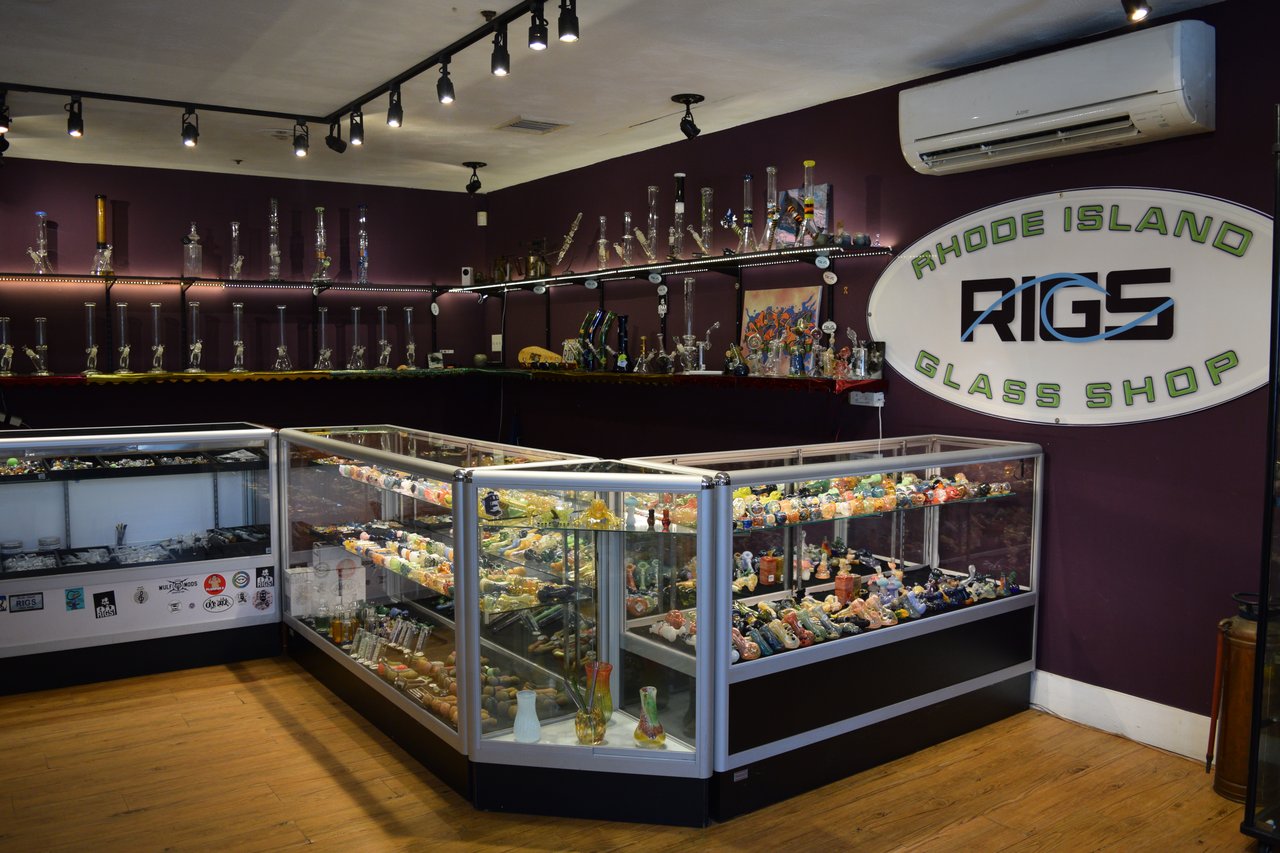 Interior of RIGS Smoke Shop showing American glass pieces and accessories